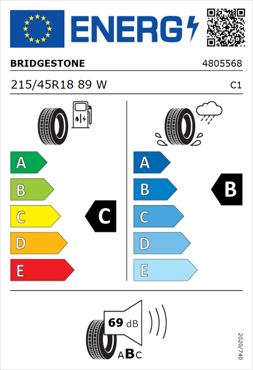Tyre Label for Bridgestone Turanza T005A 215/45R18 89W